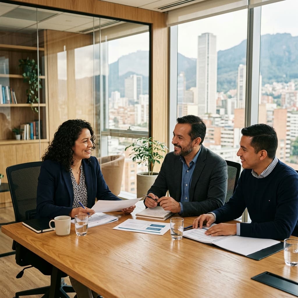 Reunión empresarial en oficina contemporánea.