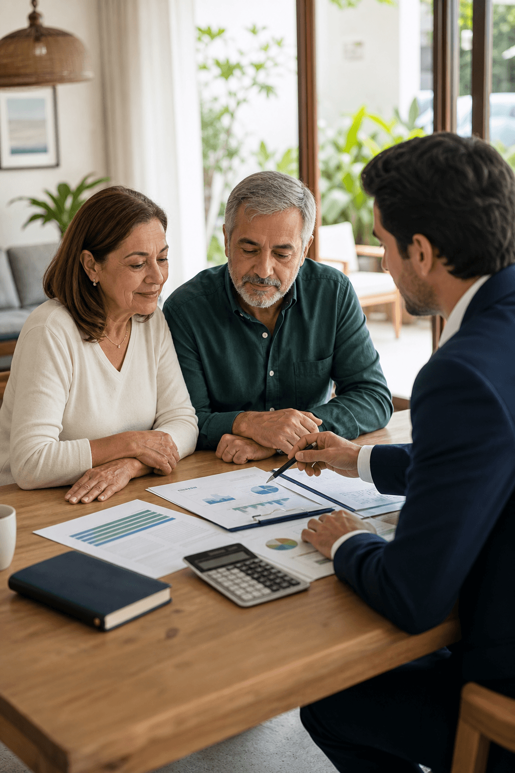Familia revisando decisiones de ahorro y protección a largo plazo.