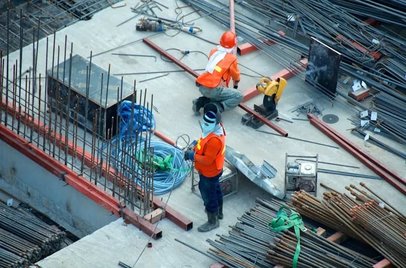 Obreros trabajando con varillas de acero en una obra de construcción